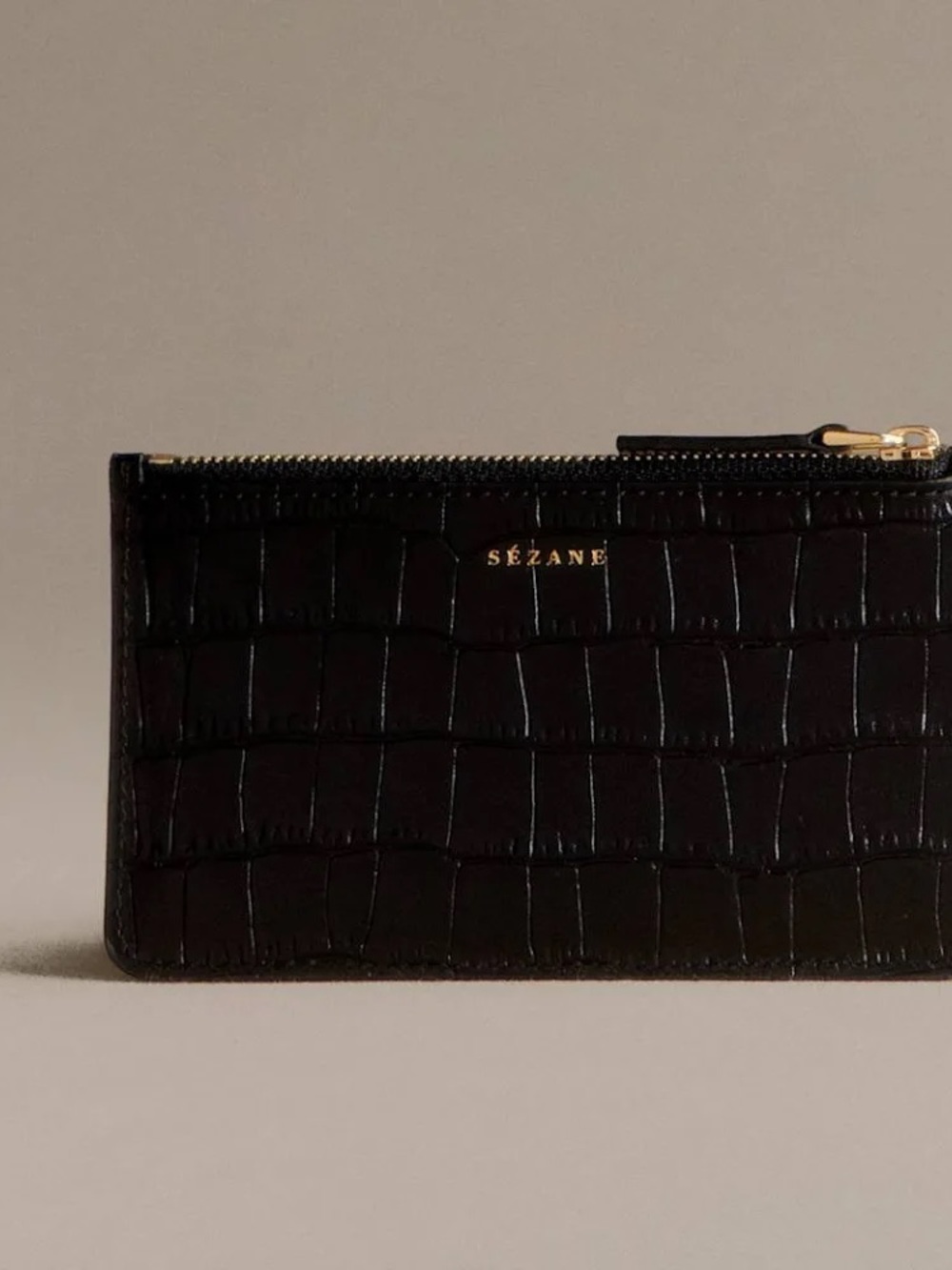 Sézane Black Croc-Embossed Zip Card Holder with Gold Logo